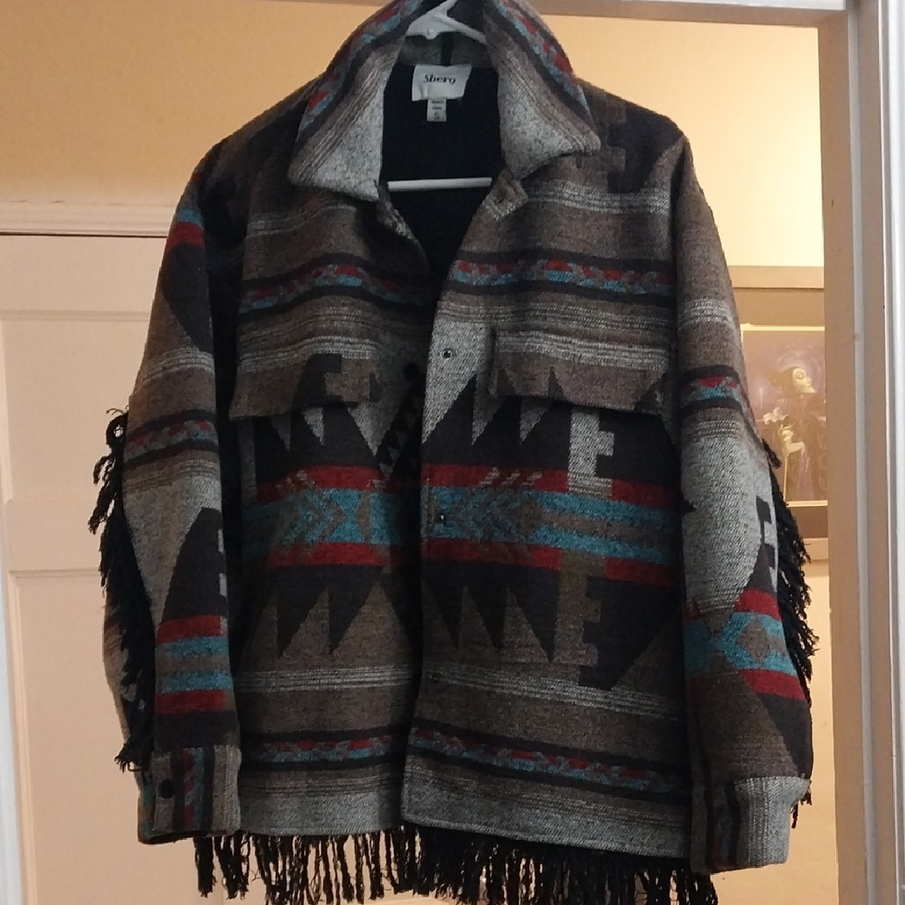 Southwestern Jacket Aztek Pattern Fringe Coat Womens  Small